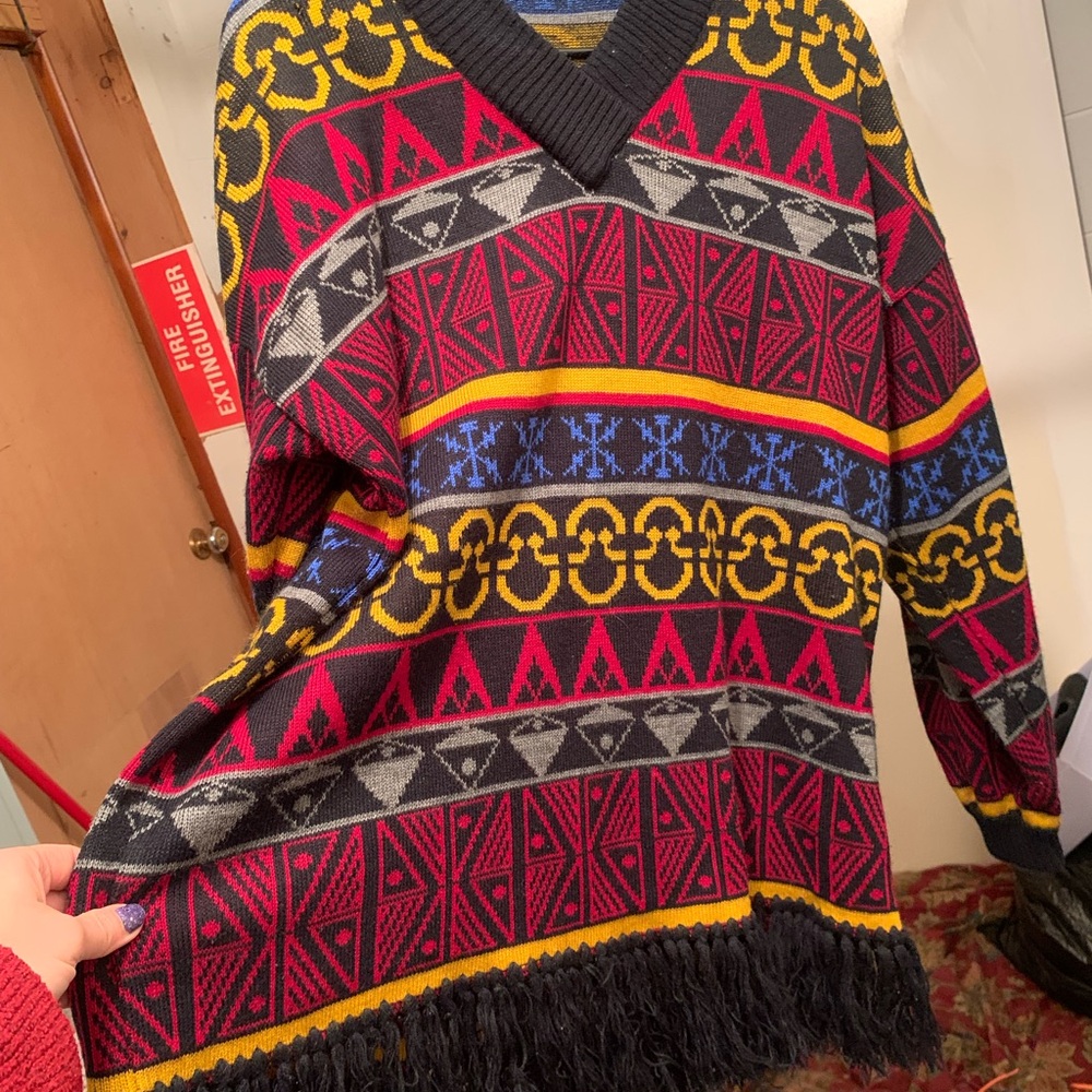 Vintage Abstract Print V-Neck Sweater Long Fringe